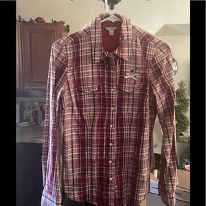 EUC Guess Red & White Plaid Western Style Snap Button Down Size Small